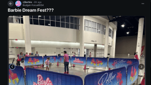 screenshot from the Barbie subreddit showing a photo of people rollerskating inside a barricaded pen