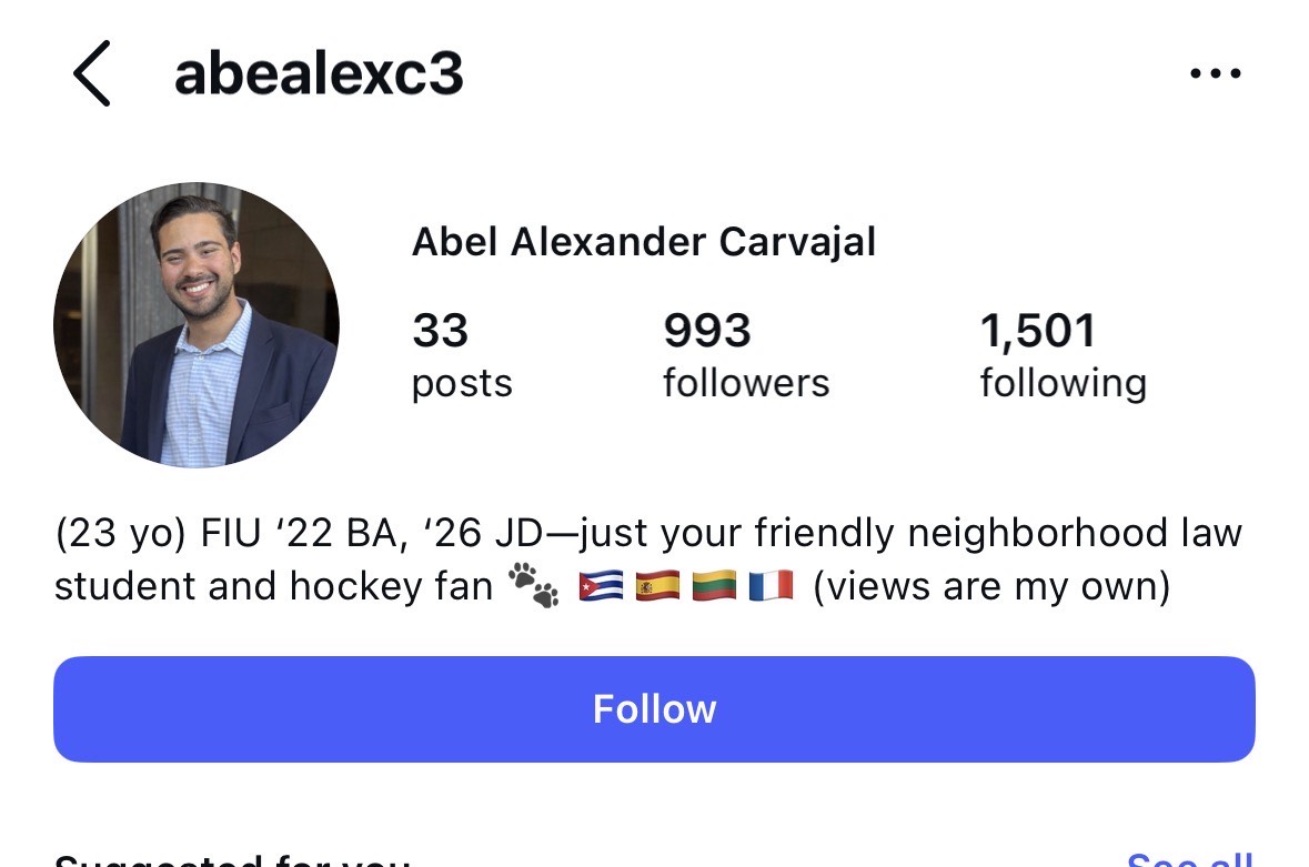 Screenshot of Instagram bio for Albert Alexander Carvajal