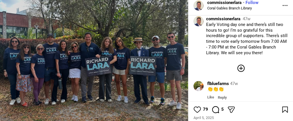 Screenshot from Commissioner Lara's Instagram. It is a group photo of people wearing Richard Lara shirts except for Dariel Gonzalez. He is wearing a suit and a straw hat holding a Richard Lara sign. 