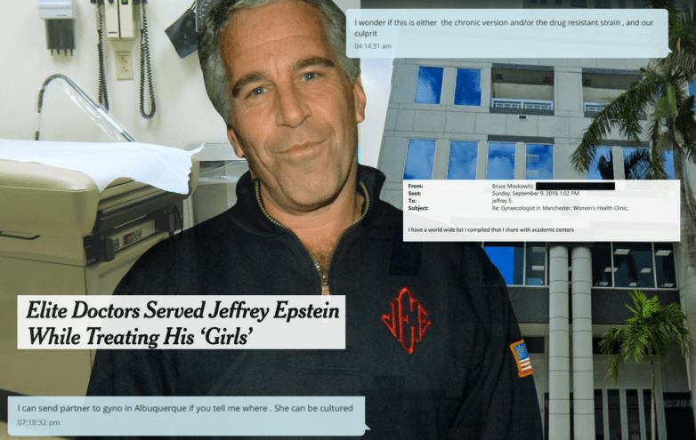 collage of Jeffrey Epstein in front of photos of a doctor's office with a headline and text message/email screenshots on top