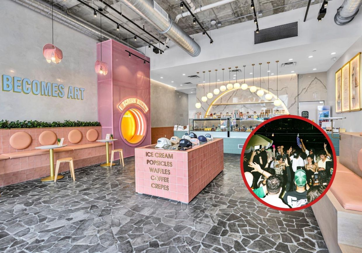 Photo of an ice cream shop and a collage with a photo of people dancing .