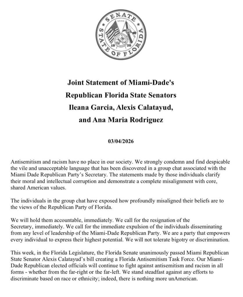 A letter from three Florida Republican state senators calling on someone to resign after racist messages in a group chat