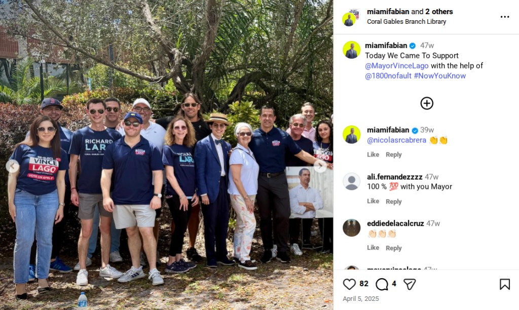An Instagram screenshot showing a group people with Vince Lago for the Coral Gables election including Dariel Gonzalez. 