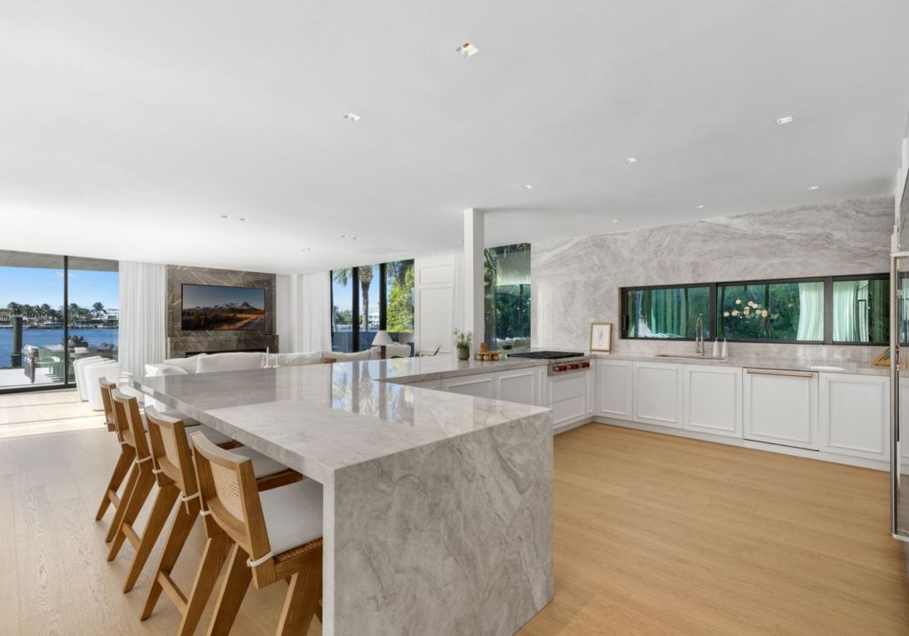 Photo of a kitchen with marble fixtures. 