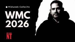 Collage of Winter Music conference Miami with a photo of Junior Sanchez and a Miami New Times Logo