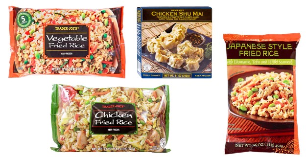 Packages of Trader Joe's chicken fried rice, vegetable fried rice, Japanese style fried rice and chicken shu mai.