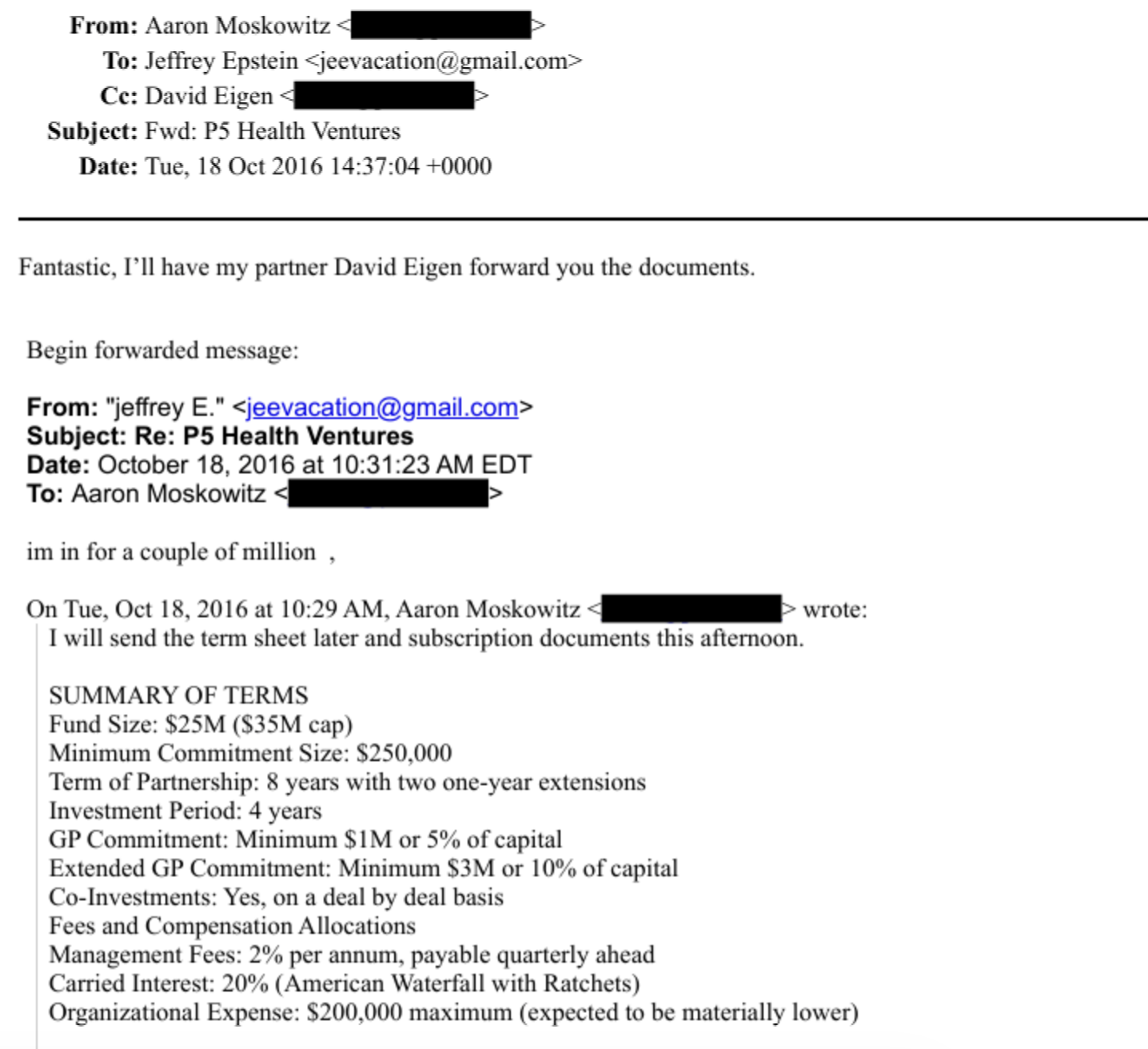email exchange between Aaron Moskowitz and Jeffrey Epstein about donations to a new business