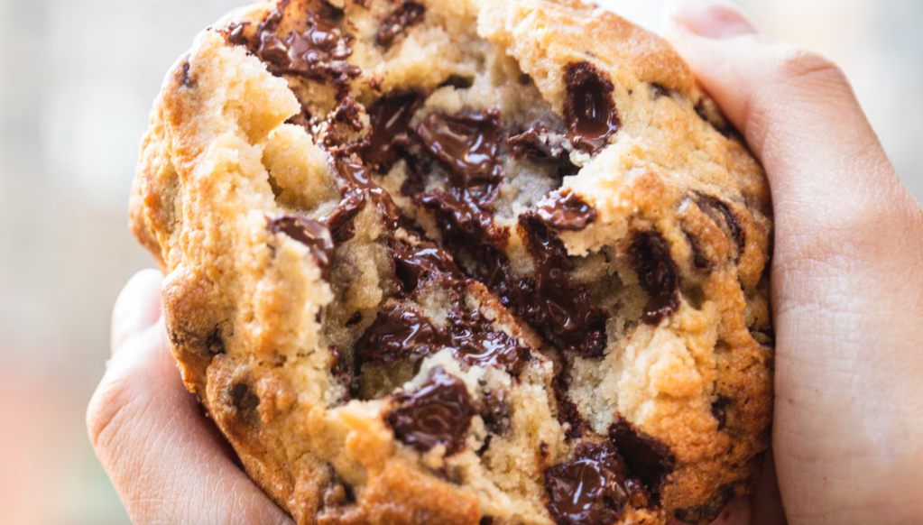 a delicious chocolate chip cookie from Levain Bakery in New York being pulled in half to show its melted chocolate morsels