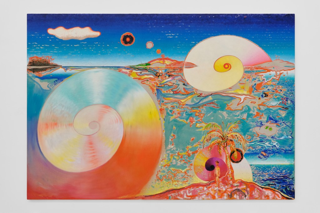 photo of a colorful painting depicting snail-like spirals over and under what appears to be an ocean. An island floats above the water and another island is depicted below the water with a palm tree and figure that appears to be a young boy