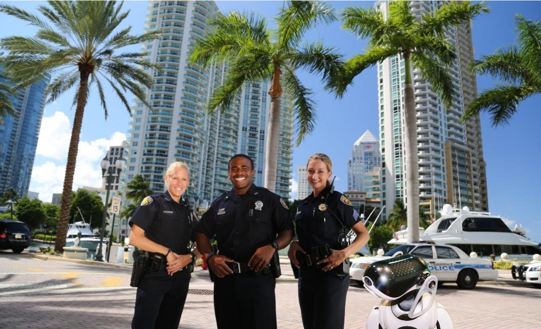 three police officers pose with a robot dog superimposed onto the photo
