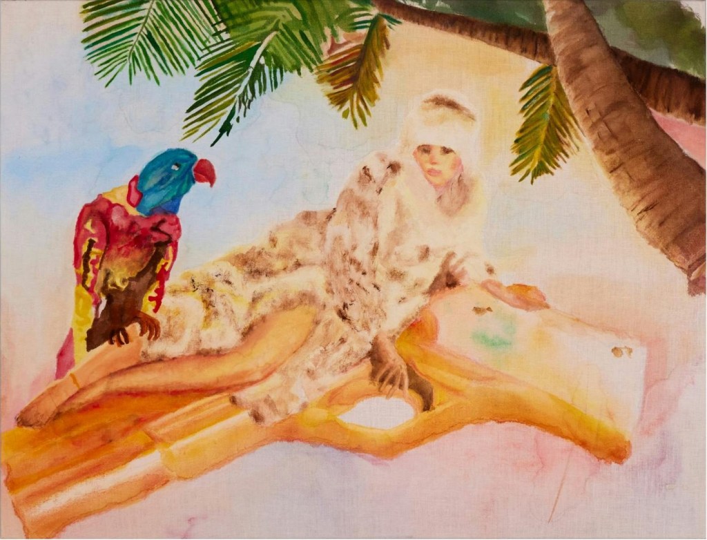 watercolor painting depicting a glamourous woman in furs lying down on what appears to be a golden gun. A parrot perches on her knee and both are beneath a palm tree