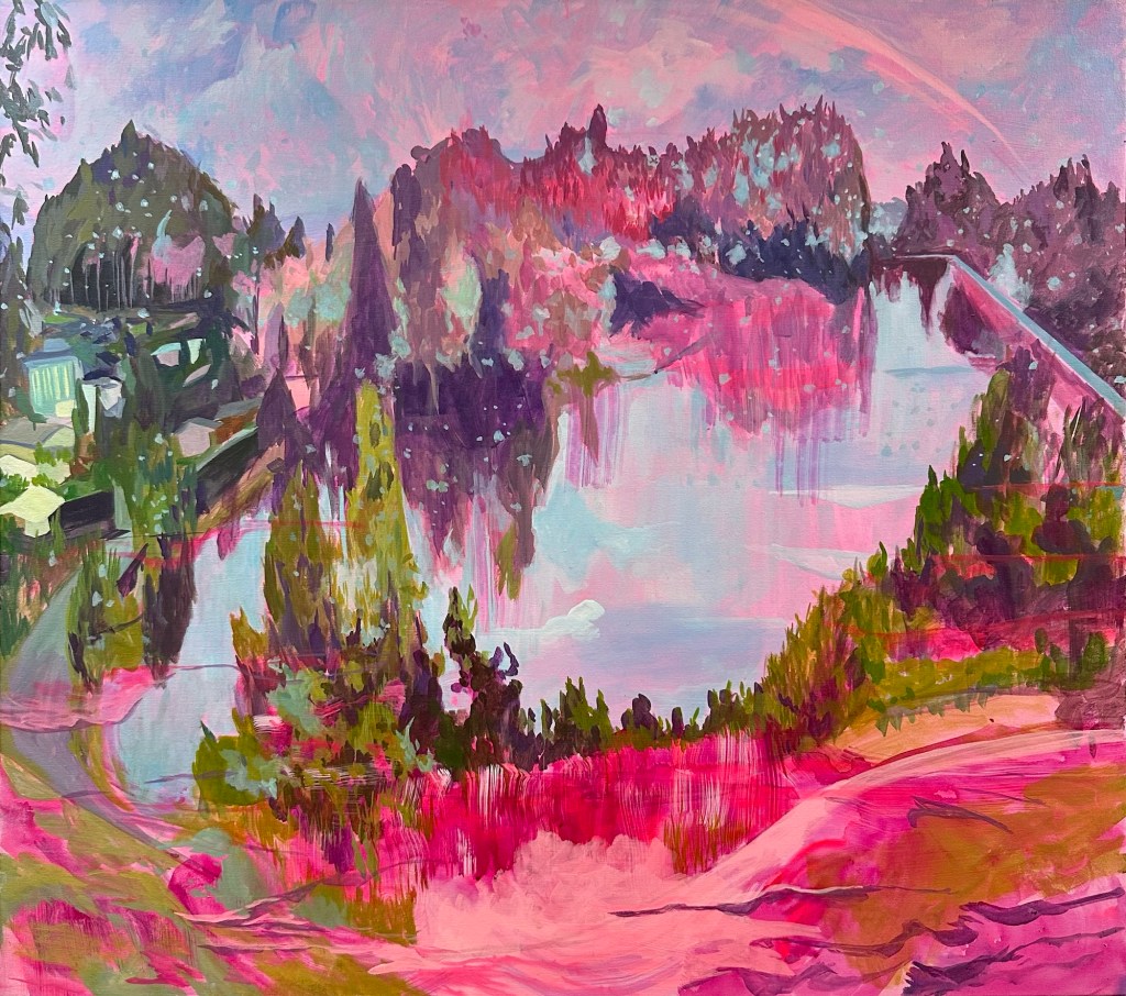 water color painting depicting what appears to be a landscape with trees, mountains, and a lake using bright greens, pinks, purples, and sky blue