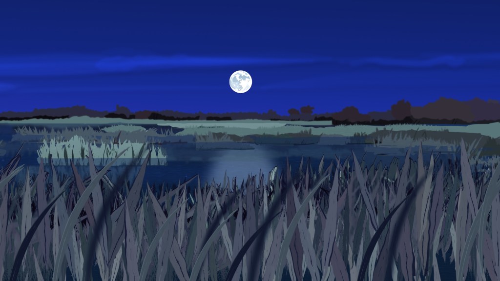 Dark digital painting showing the full moon glowing over a swampland