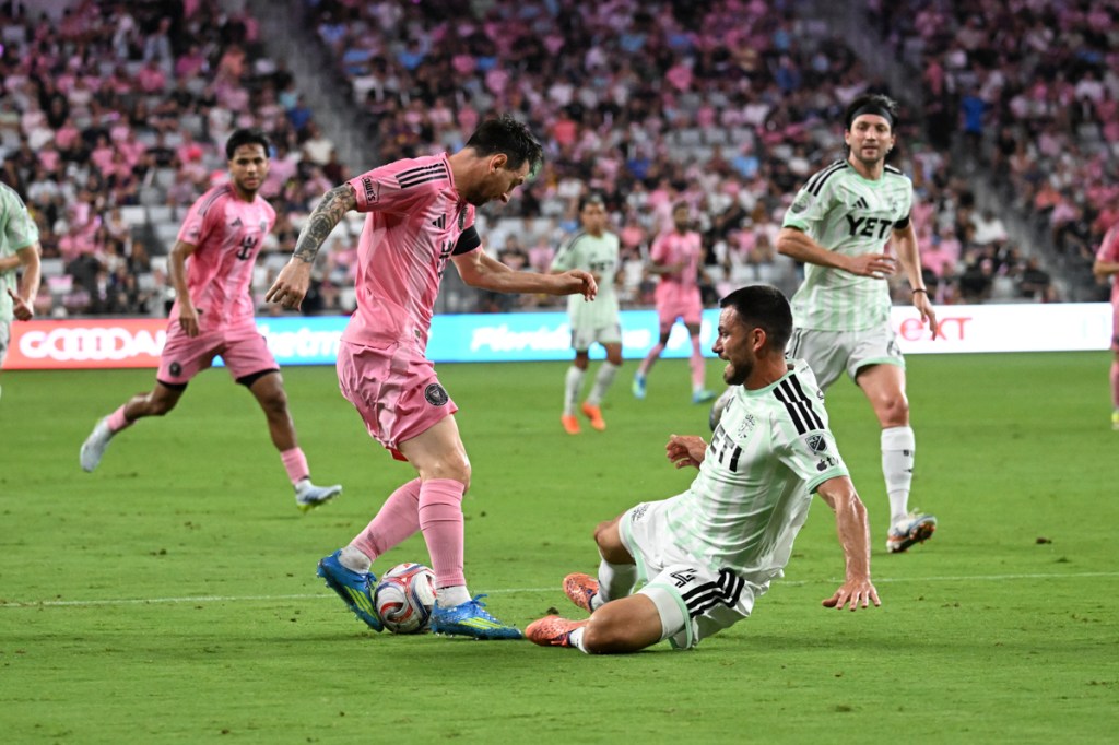 photo of Inter Miami players facing off against Austin FC players on the field at Nu Stadium in Miami
