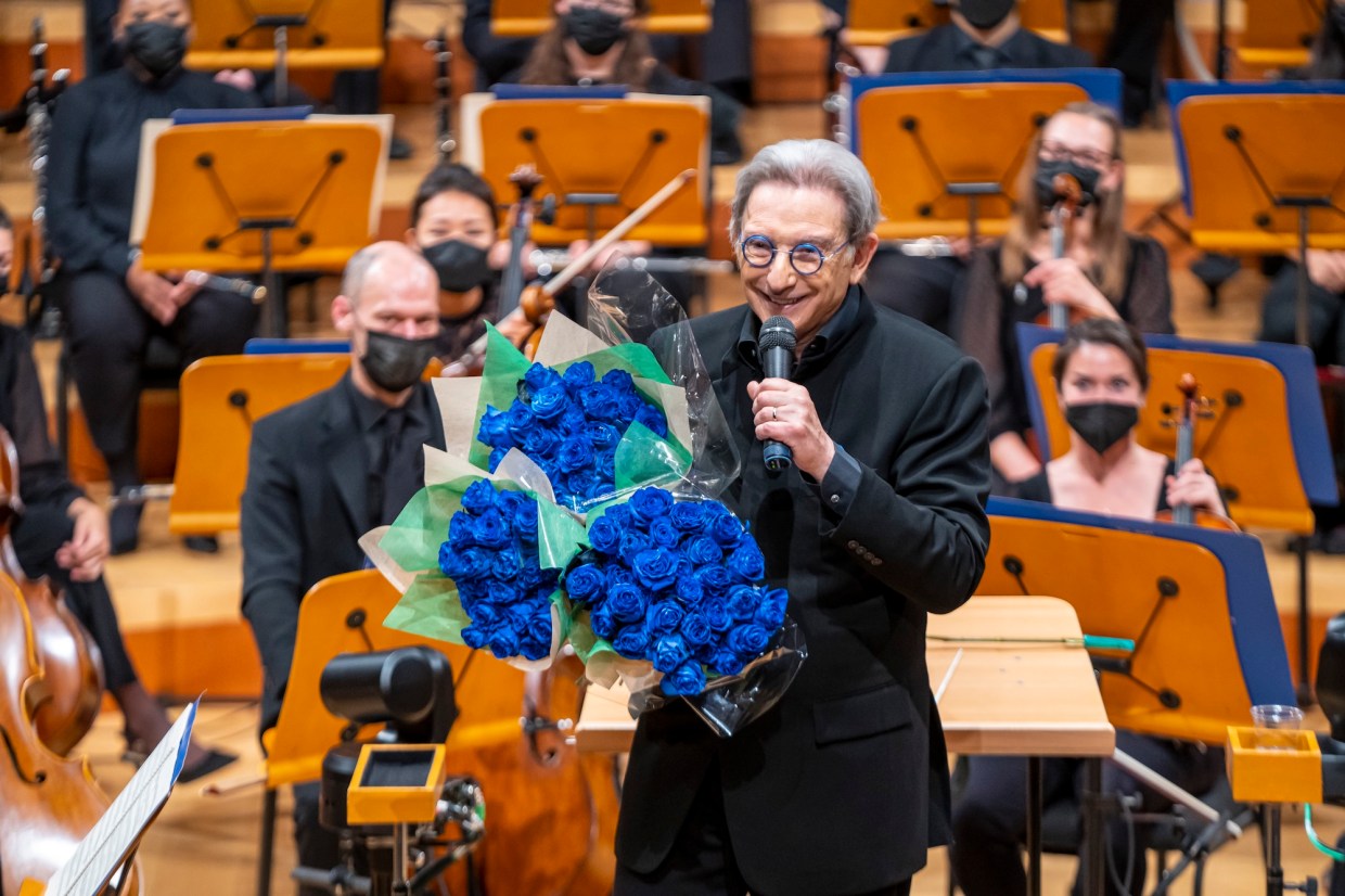 Photo of late conductor Michael Tilson Thomas on stage.