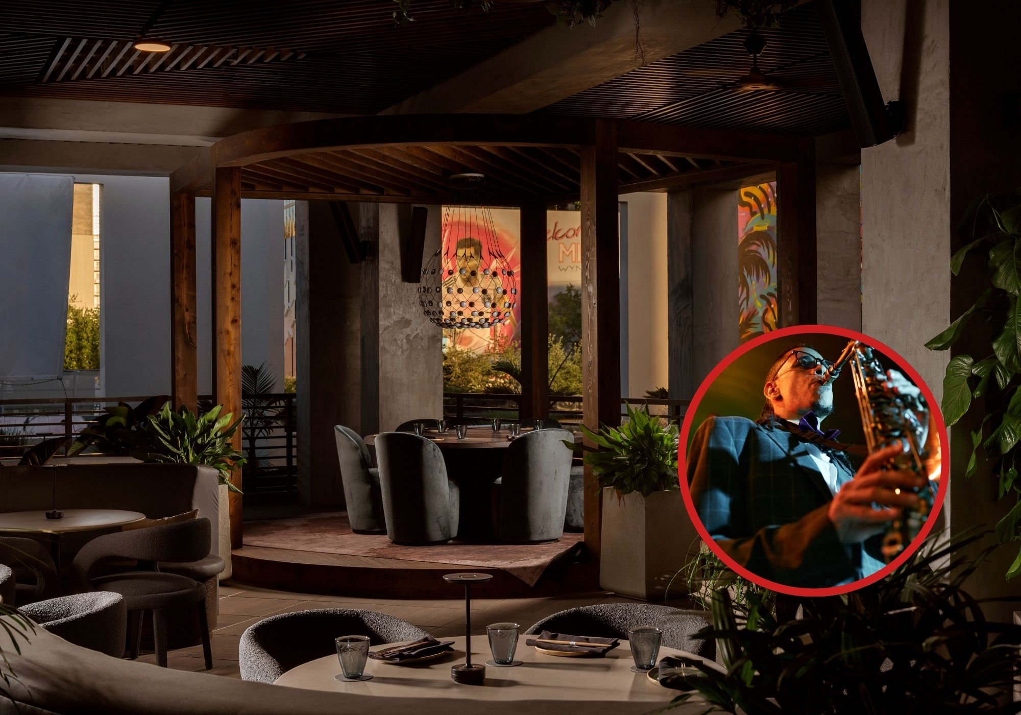 Collage of a Miami rooftop bar and a jazz musician