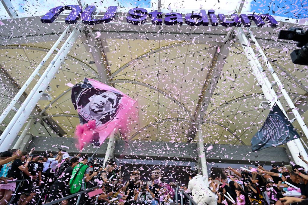 photo of confetti falling on a crowd outside Nu Stadium in Miami