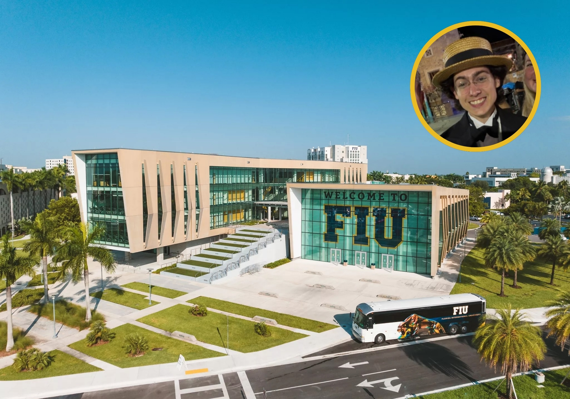 Campus of Florida International University with a man's head overlaid