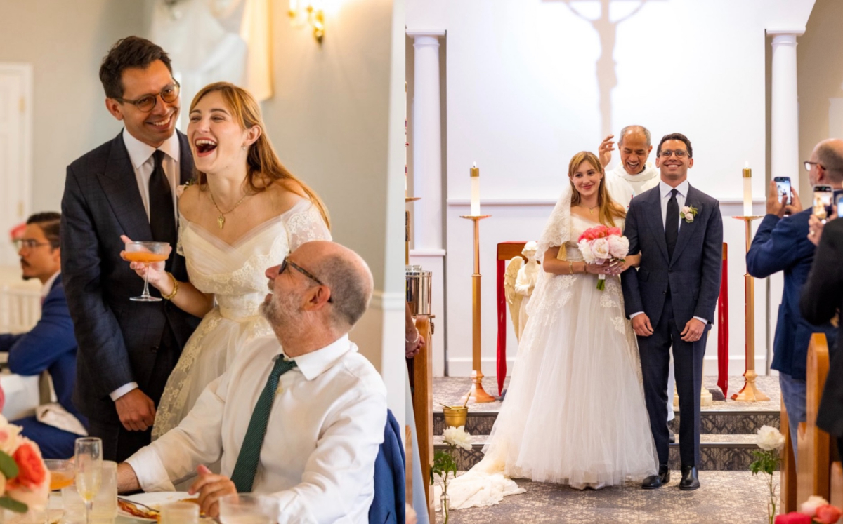 A photo collage of two people getting married.