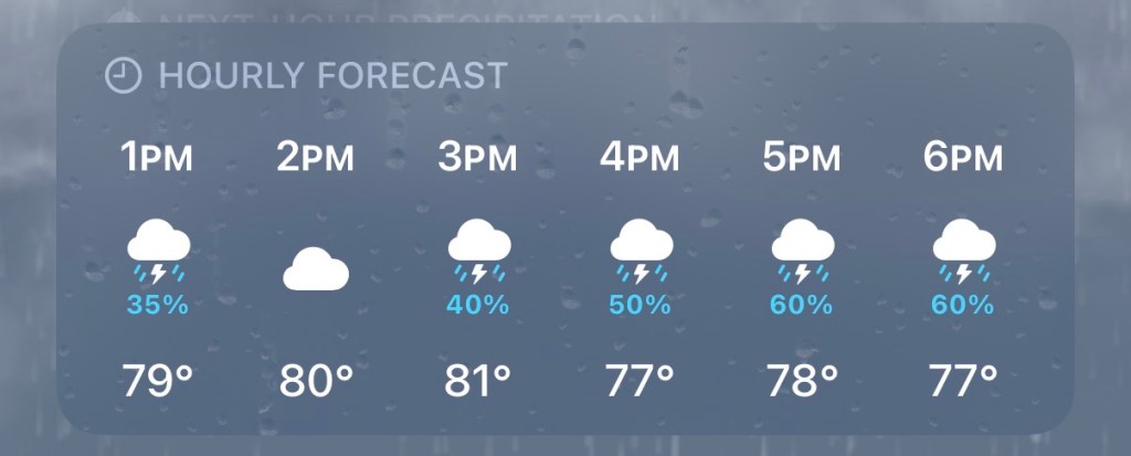 a Apple Weather app screenshot shows thunderstorms throughout the afternoon