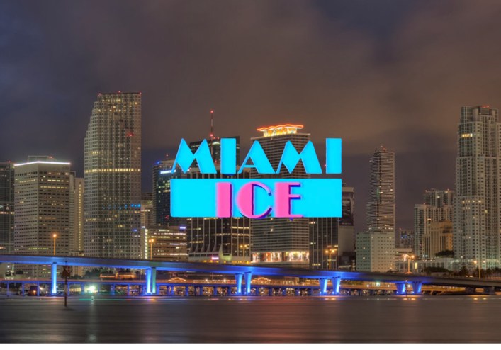 city skyline at night with "Miami ICE" overlaid