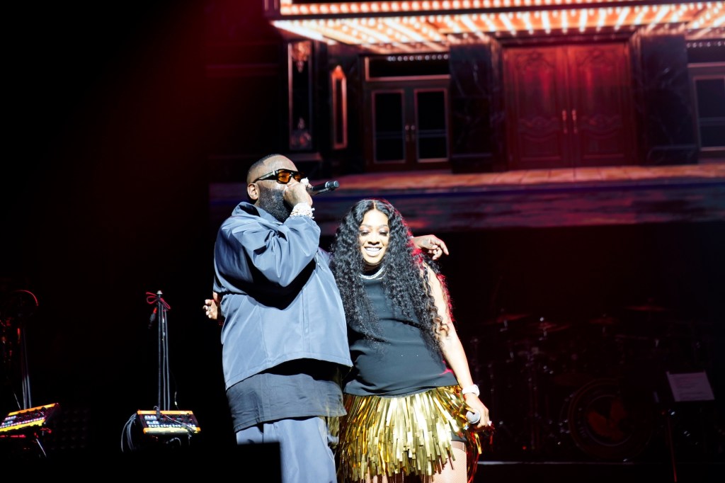MIAMI, FLORIDA - MAY 29: Rick Ross and Trina perform on stage during the "Rick Ross: Port Of Miami Orchestra Reunion Tour" at James L. Knight Center on May 29, 2026 in Miami, Florida. (Photo by Sergi Alexander/Getty Images)