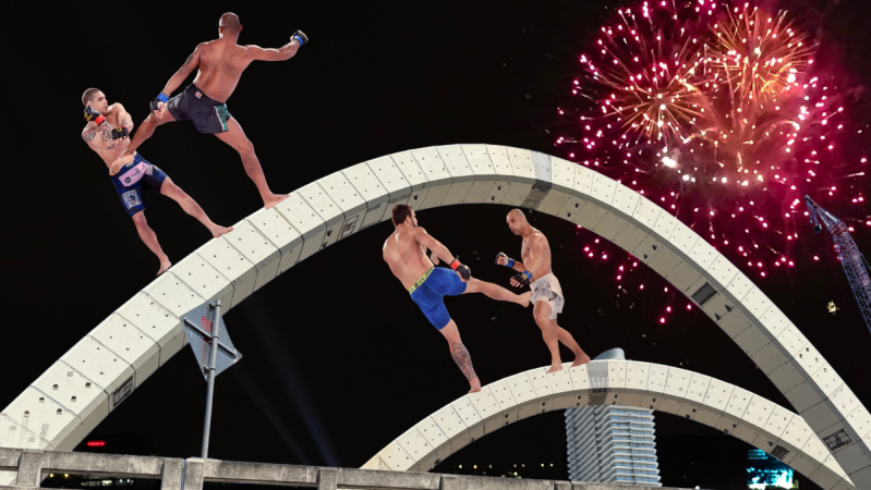 A photoshopped image of mixed martial arts fighters atop the Signature Bridge in Miami.