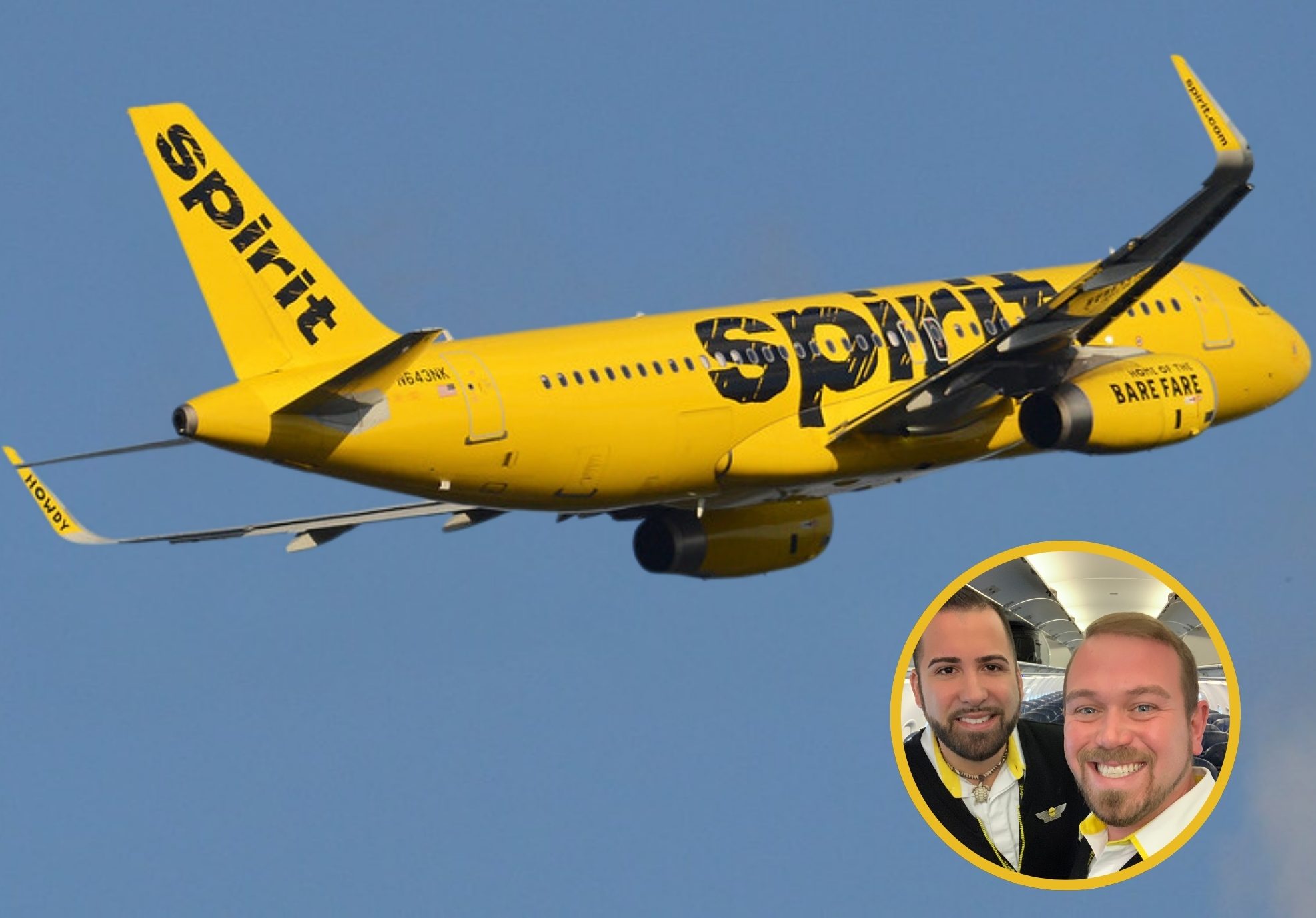 a yellow plane flies over a cut out image of two men smiling