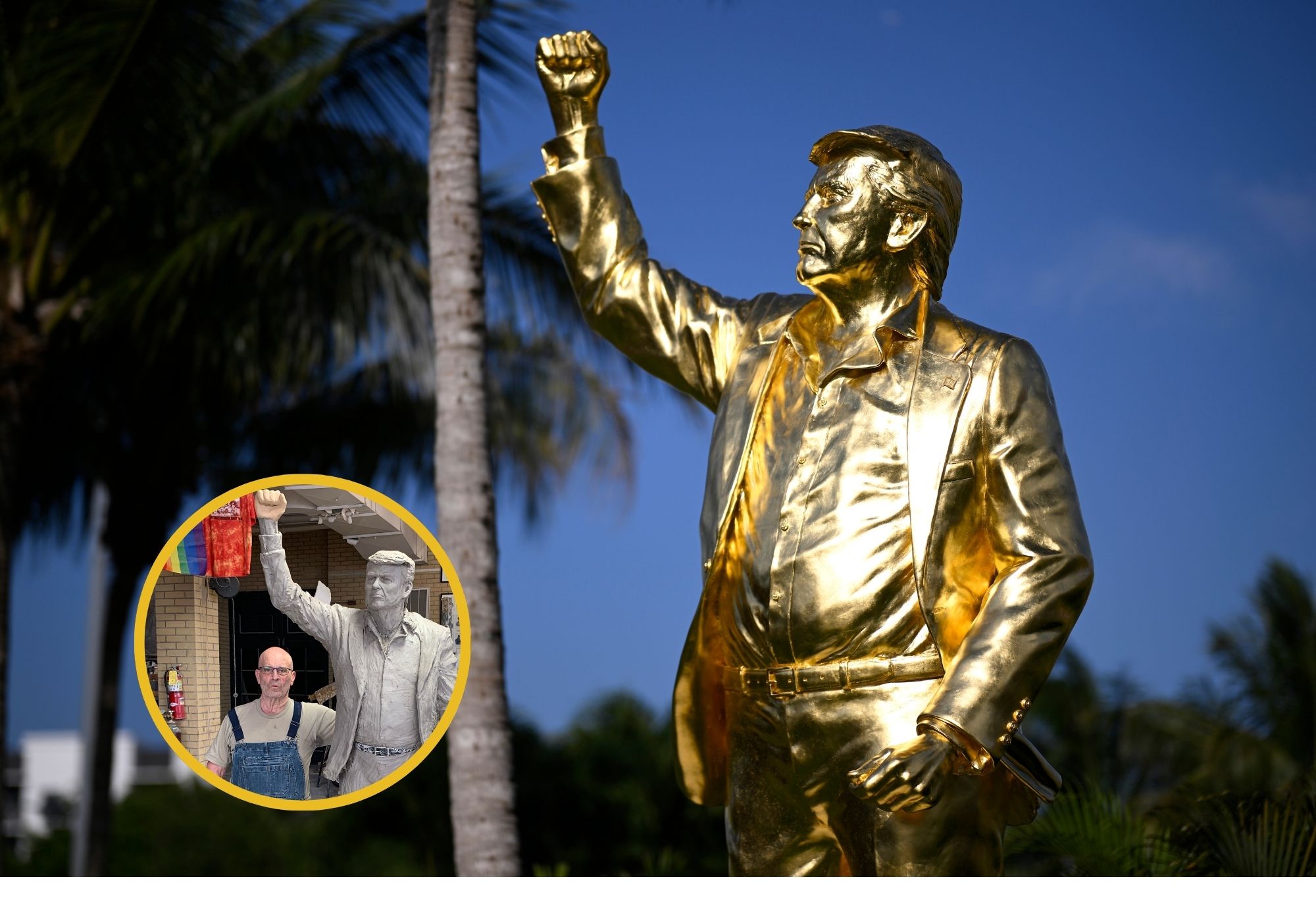 photo of a golden statue of Donald Trump with his fist in the air in front of an evening sky and palm trees, overlaid with a photo of the sculptor