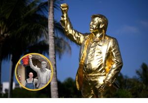 photo of a golden statue of Donald Trump with his fist in the air in front of an evening sky and palm trees, overlaid with a photo of the sculptor