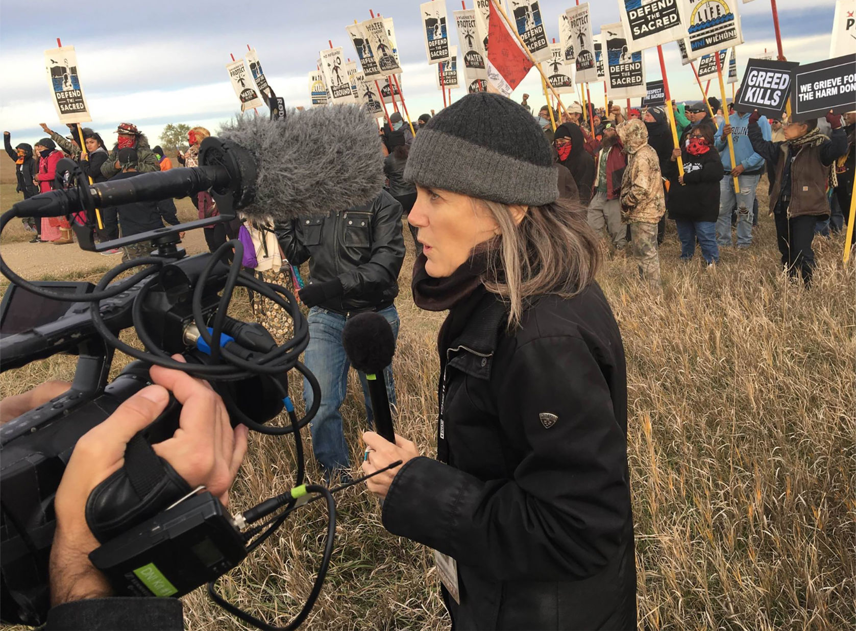 photo of journalist Amy Goodman reporting from Standing Rock
