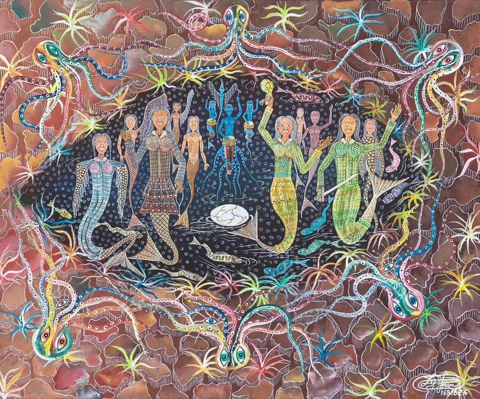 photo of a painting depicting octopuses surrounding mermaid-like figures 