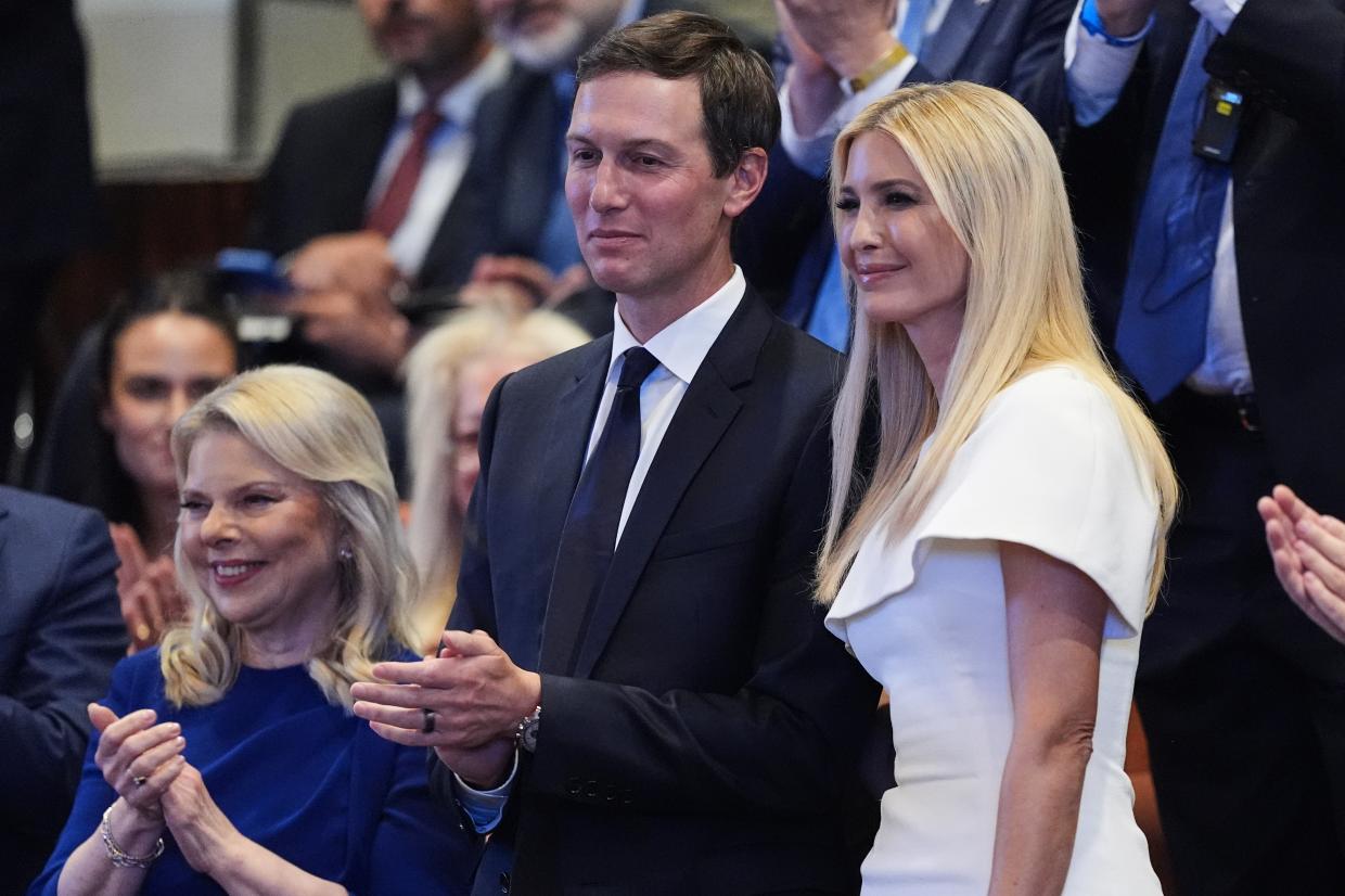 Jared Kushner and Ivanka Trump are recognized by President Donald Trump as he speaks in the Knesset, Israel's parliament, on October 13, 2025 in Jerusalem. President Trump is visiting the country hours after Hamas released the remaining Israeli hostages captured on Oct. 7, 2023, part of a US-brokered ceasefire deal to end the war in Gaza.