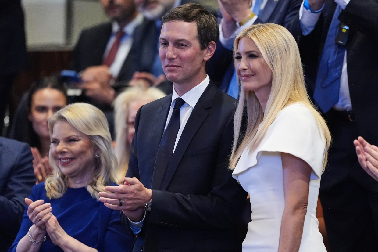 Jared Kushner and Ivanka Trump are recognized by President Donald Trump as he speaks in the Knesset, Israel's parliament, on October 13, 2025 in Jerusalem. President Trump is visiting the country hours after Hamas released the remaining Israeli hostages captured on Oct. 7, 2023, part of a US-brokered ceasefire deal to end the war in Gaza.