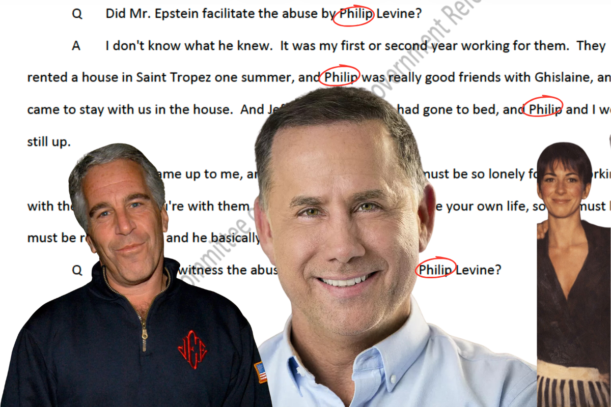 Illustration of Jeffrey Epstein, Philip Levine and Ghislaine Maxwell over an interview transcript.