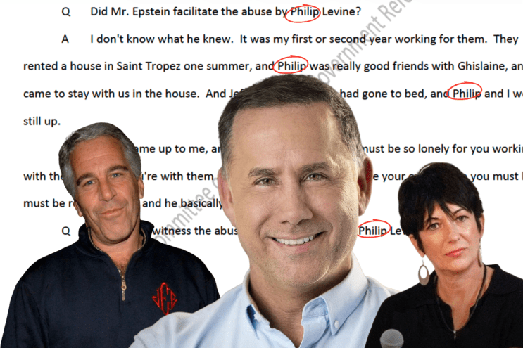Illustration of Jeffrey Epstein, Philip Levine and Ghislaine Maxwell over an interview transcript.