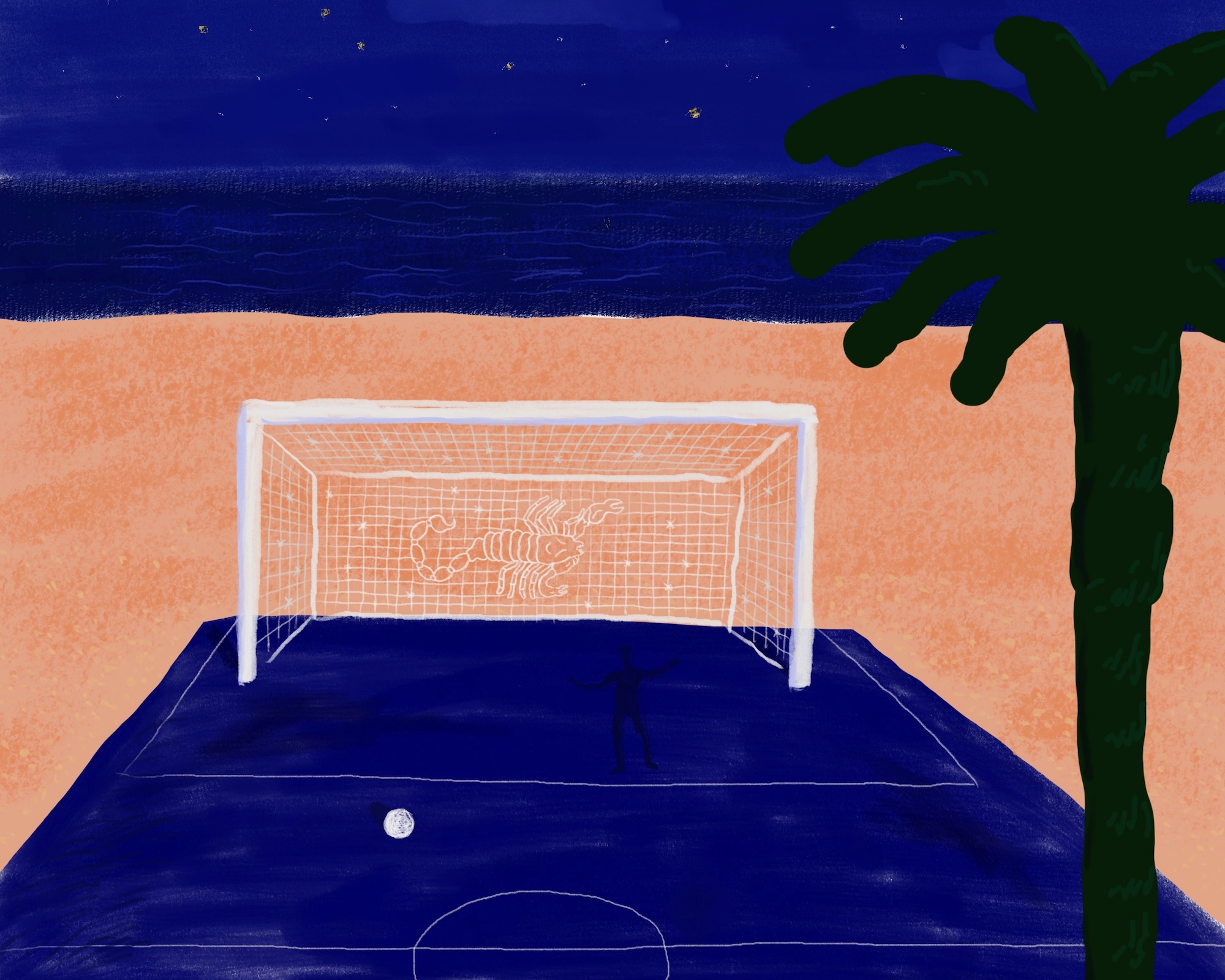 painting of a soccer net on a blue court in front of the ocean