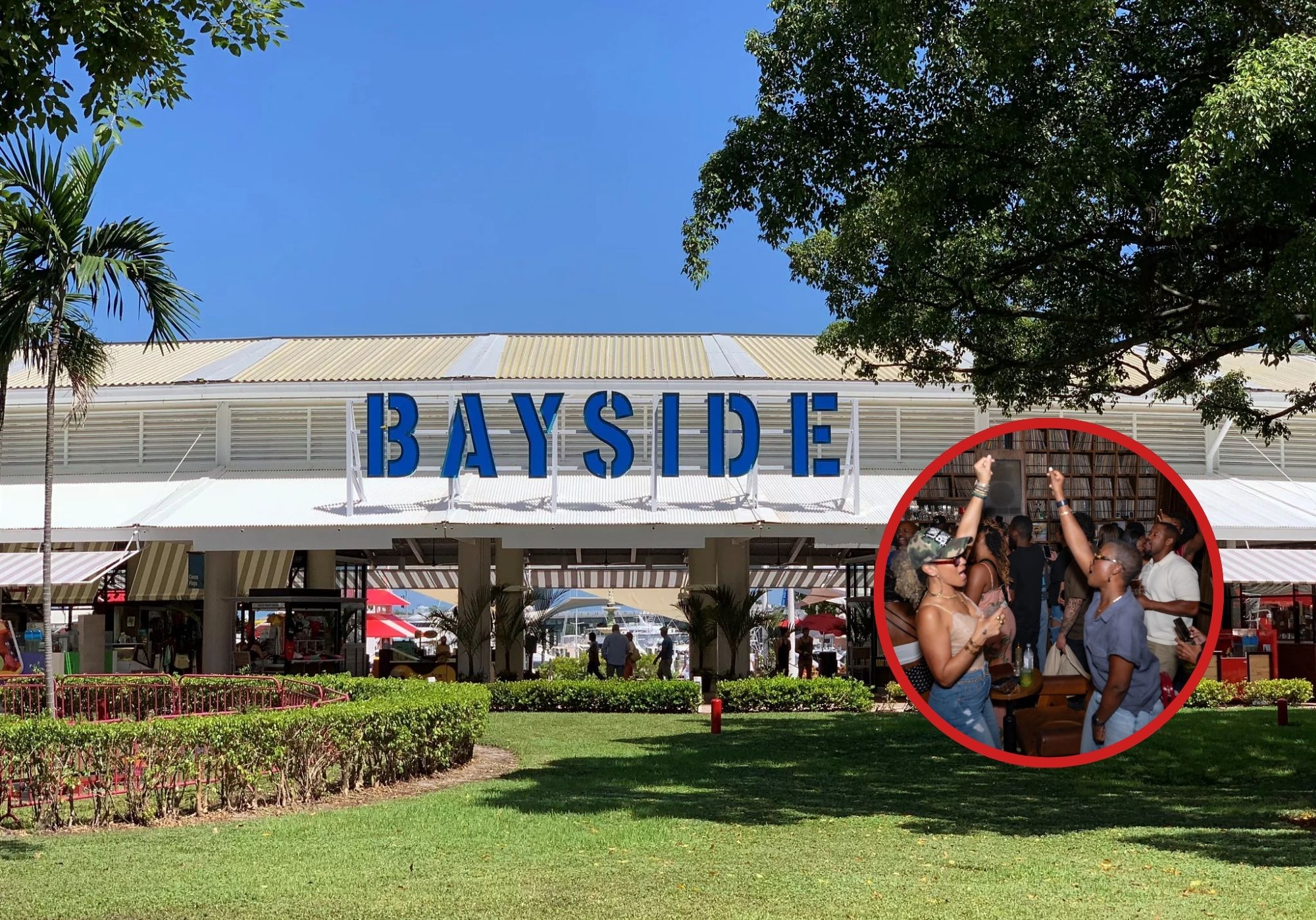 Collage of Bayside Marketplace and a party in Miami.