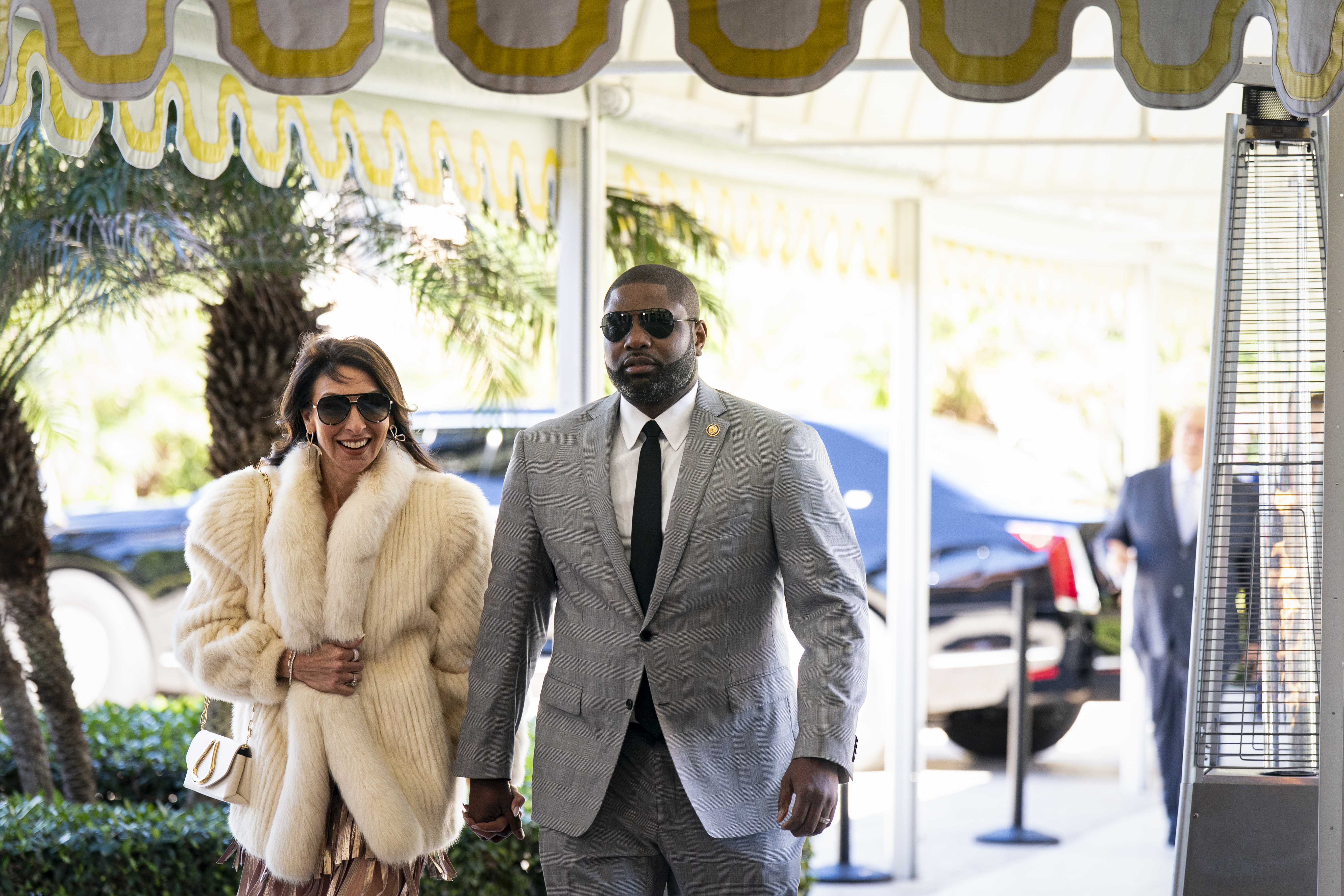 Rep. Byron Donalds (R-FL), and his wife Erika Donalds, arrive at Mar-a-Lago on February 1, 2026 in Palm Beach, Florida. The wedding of Dan Scavino, White House deputy chief of staff, and Erin Elmore, the State Department’s Art in Embassies director, took place at Mar‑a‑Lago.
