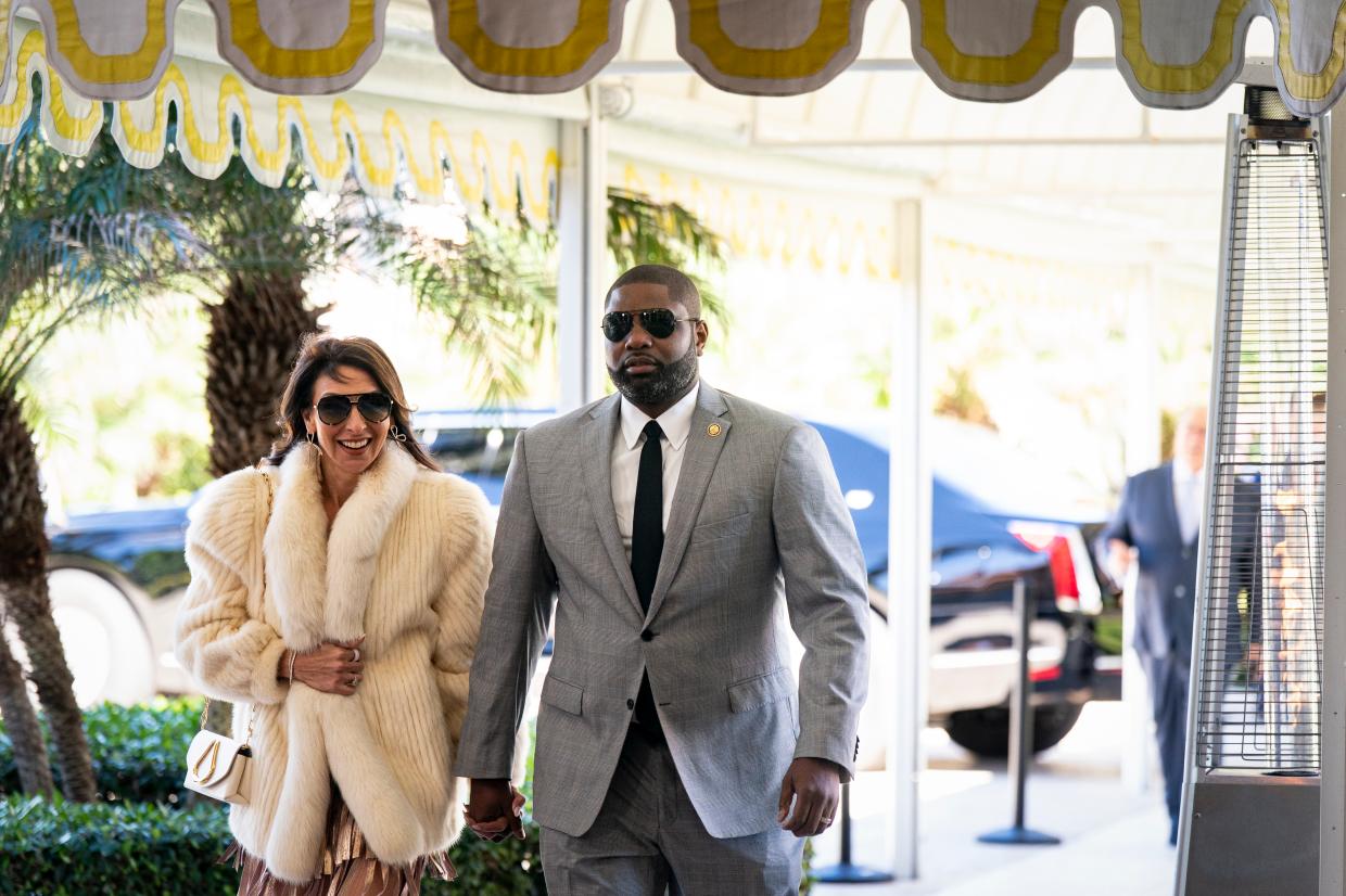 Rep. Byron Donalds (R-FL), and his wife Erika Donalds, arrive at Mar-a-Lago on February 1, 2026 in Palm Beach, Florida. The wedding of Dan Scavino, White House deputy chief of staff, and Erin Elmore, the State Department’s Art in Embassies director, took place at Mar‑a‑Lago.