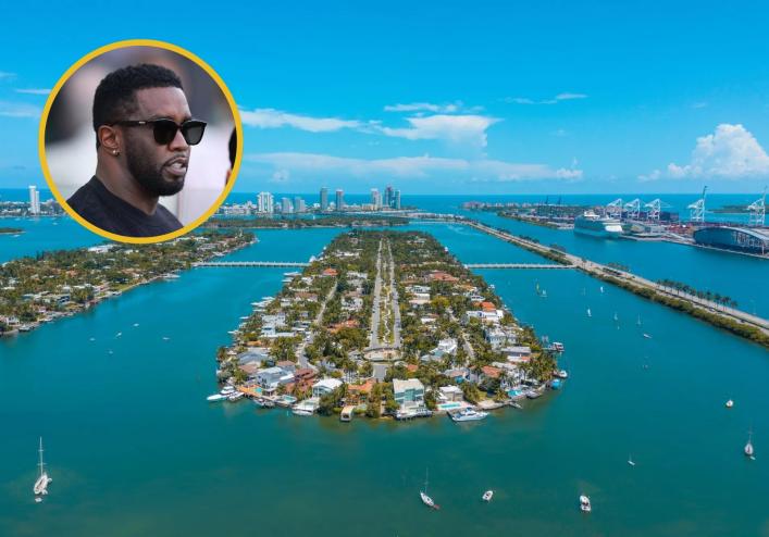 an island off the coast of Miami with a man's head overlaid