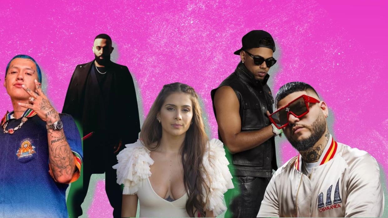 Collage of Mike Towers, Farruko, and Eladio Carrion.