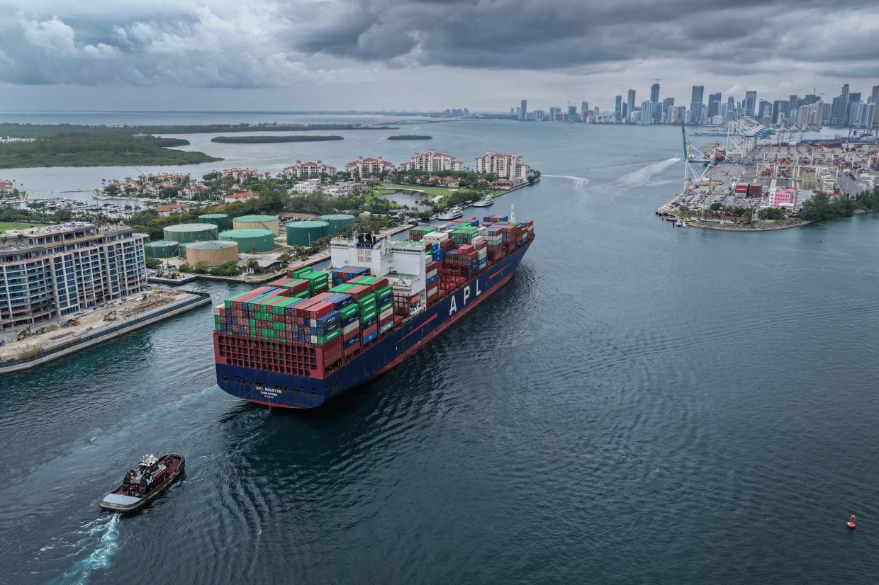 In an aerial view, a marine fuel terminal ( to left) sits on Fisher Island, where it has supplied cargo and cruise ships at PortMiami for nearly a century on June 02, 2026 in Miami, Florida.