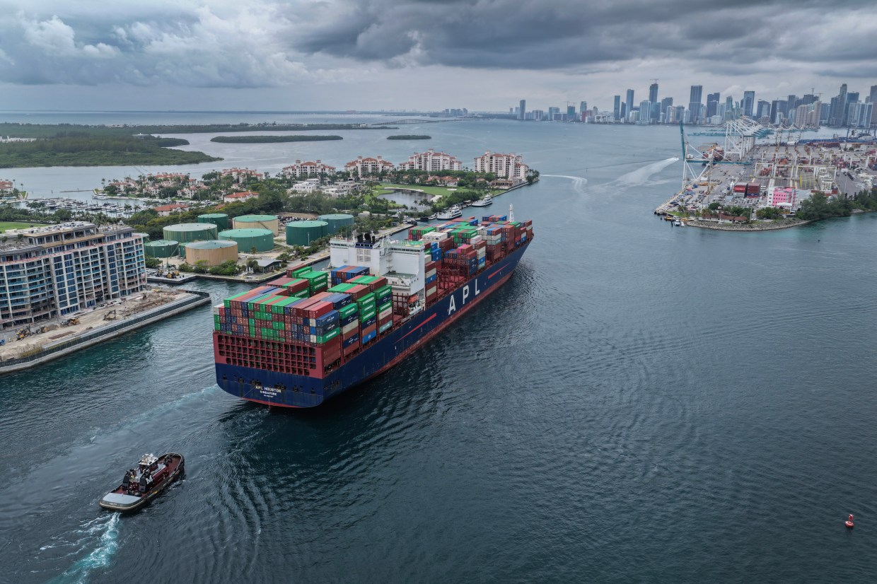 In an aerial view, a marine fuel terminal ( to left) sits on Fisher Island, where it has supplied cargo and cruise ships at PortMiami for nearly a century on June 02, 2026 in Miami, Florida.
