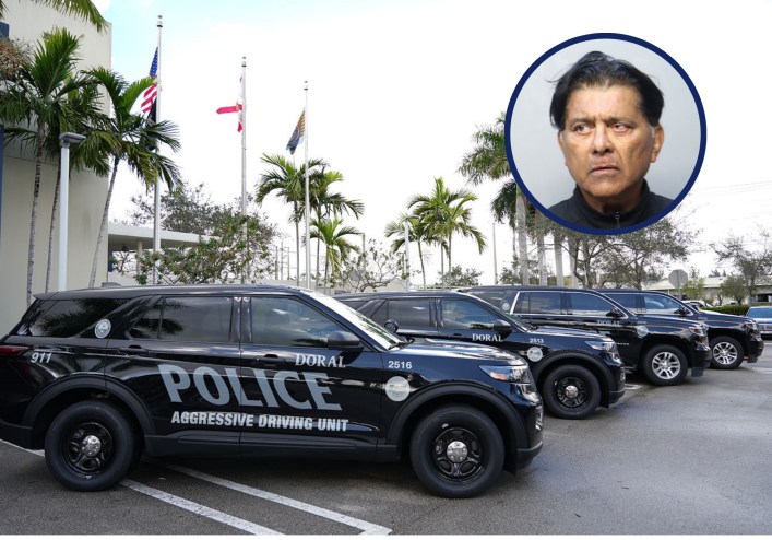 police SUVs sit parked in a row with a man's face superimposed