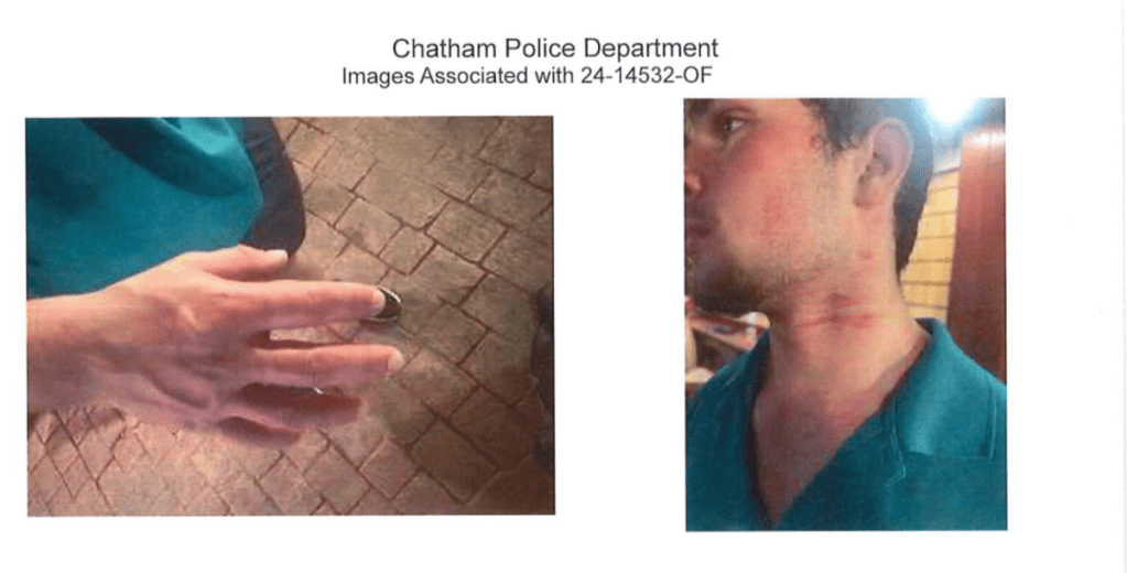 Photos in a police report showing a man with scratches on his neck and hands.