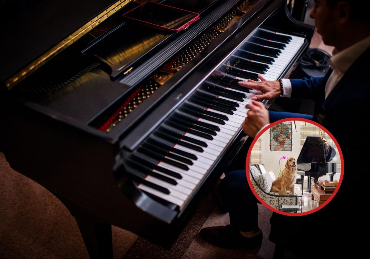 Collage of a man playing the piano and a dog sitting by a piano.