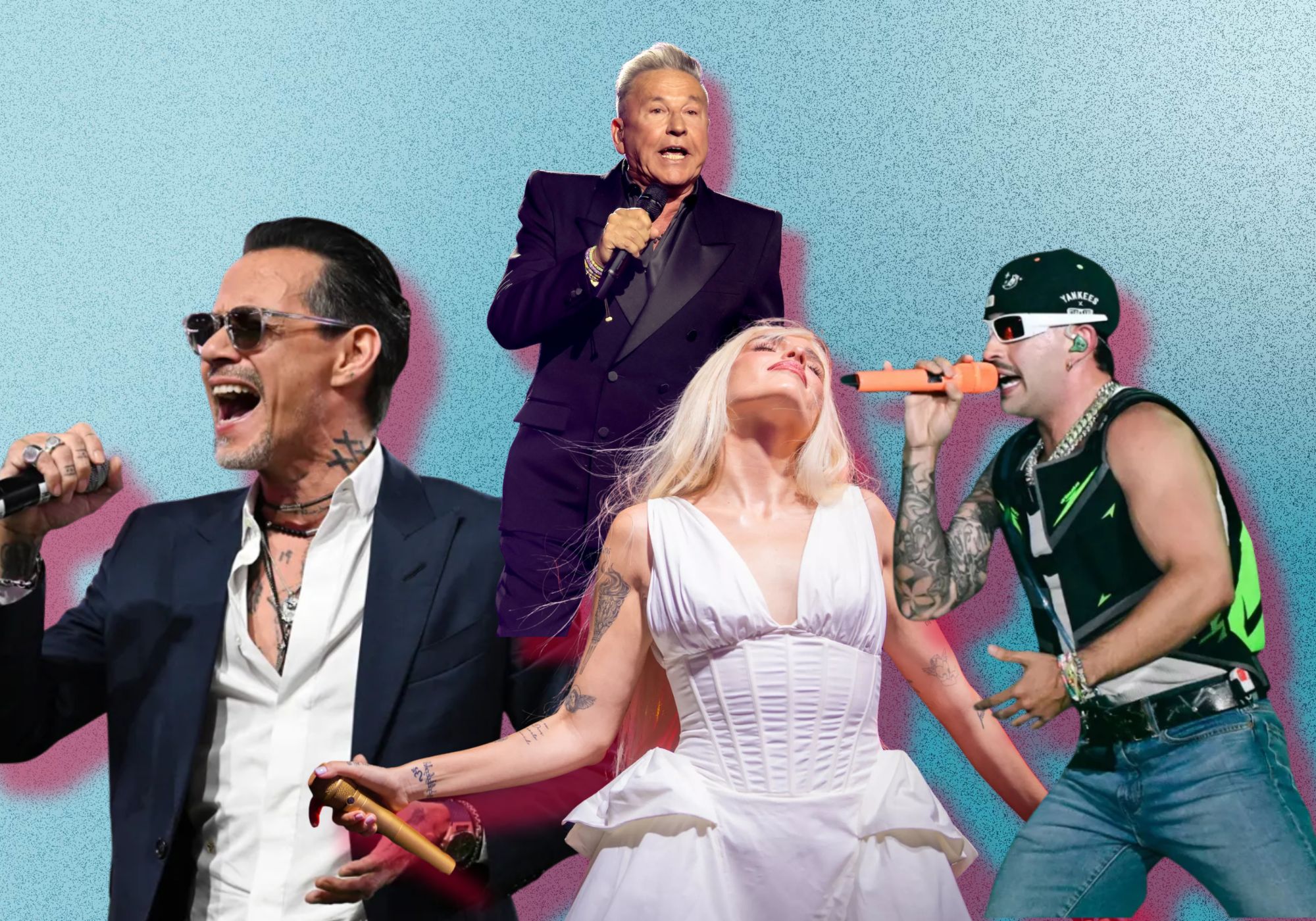 Collage featuring Marc Anthony, Elena Rose, Feid and Ricardo Montaner
