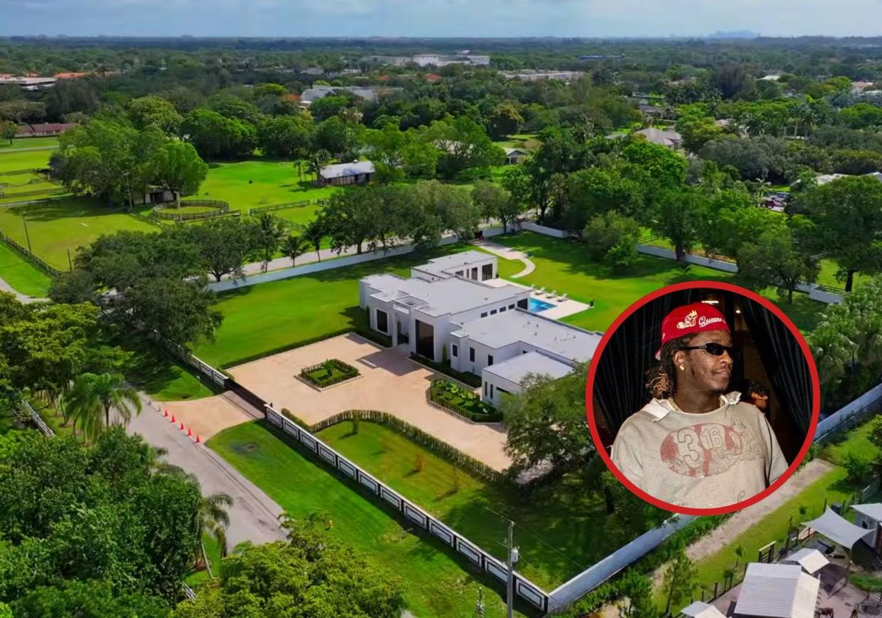 Collage of a mansion in Florida and a headshot of rapper Young Thug