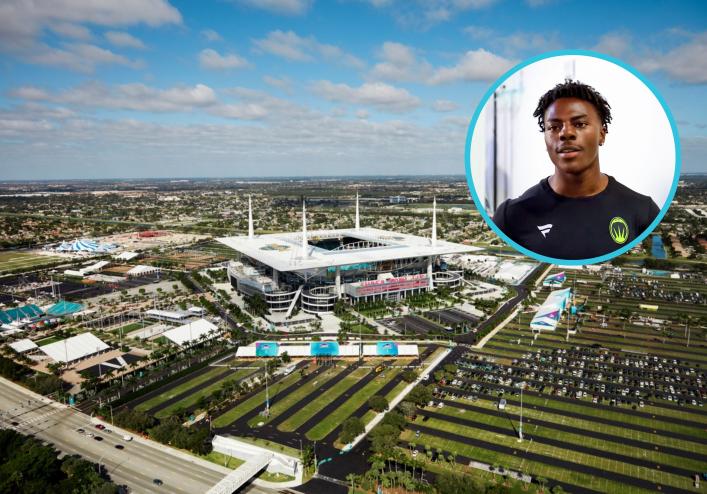 Hard Rock Stadium in Miami with the photo of a man's head overlaid